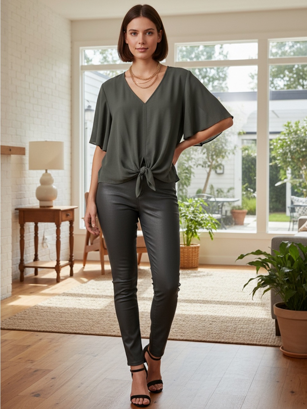 Olive V-Neck Front Tie Blouse S-M Oversized
Retail $39
